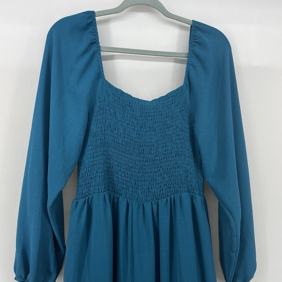 DOKOTOO Size L Teal Blue Wide Leg Jumpsuit with Pockets Smocked Balloon Sleeves - Picture 2 of 9